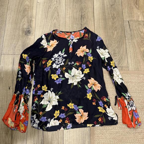 Kobi Halperin Floral Print Blouse with Bell Sleeves Silk